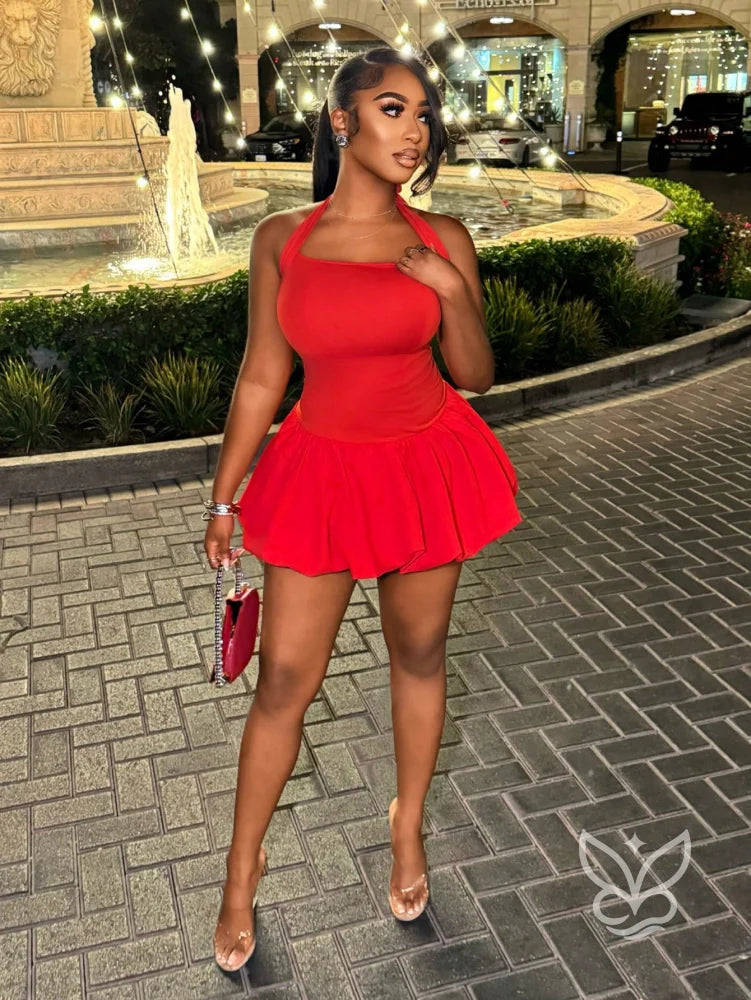 Vestido Curto Halter Com Costas Abertas E Barra Bufante Vermelho / PP Vestido Curto Halter Com Costas Abertas E Barra