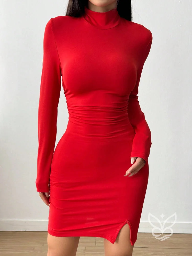 Vestido Curto Justo Com Manga Longa E Gola Alta Vermelho / PP Vestido Curto Justo Com Manga Longa E Gola Alta