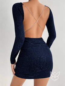 Vestido Curto Manga Longa Decote Nas Costas E Alças Cruzadas Azul Marinho / PP Vestido Curto Manga Longa Decote Nas