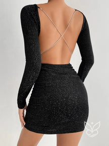 Vestido Curto Manga Longa Decote Nas Costas E Alças Cruzadas Preto / PP Vestido Curto Manga Longa Decote Nas Costas E