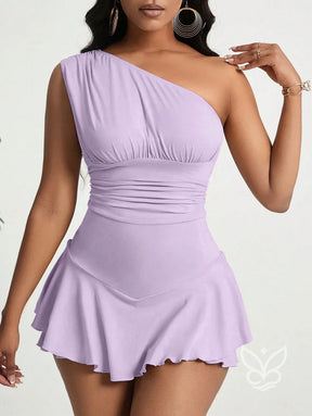 Vestido Curto Ombro Único Com Babados E Modelagem Ajustada Roxo / PP Vestido Curto Ombro Único Com Babados E Modelagem