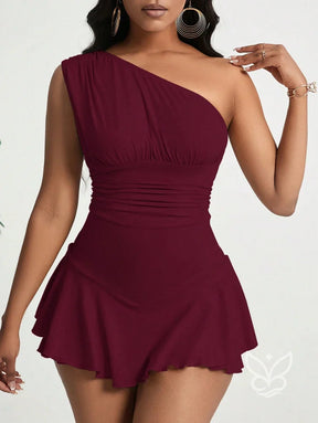 Vestido Curto Ombro Único Com Babados E Modelagem Ajustada Vinho / PP Vestido Curto Ombro Único Com Babados E Modelagem