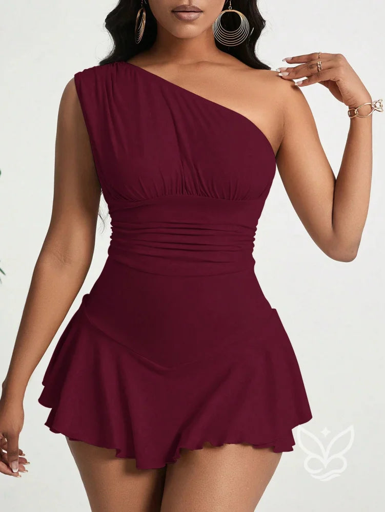 Vestido Curto Ombro Único Com Babados E Modelagem Ajustada Vinho / PP Vestido Curto Ombro Único Com Babados E Modelagem