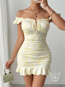 Vestido Curto Plissado Com Babados E Manga Bufante Amarela / PP Vestido Curto Plissado Com Babados E Manga Bufante