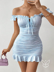 Vestido Curto Plissado Com Babados E Manga Bufante Azul / PP Vestido Curto Plissado Com Babados E Manga Bufante
