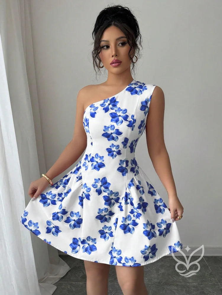 Vestido Curto Rodado De Um Ombro Só Com Estampa Floral Vestido Curto Rodado De Um Ombro Só Com Estampa Floral