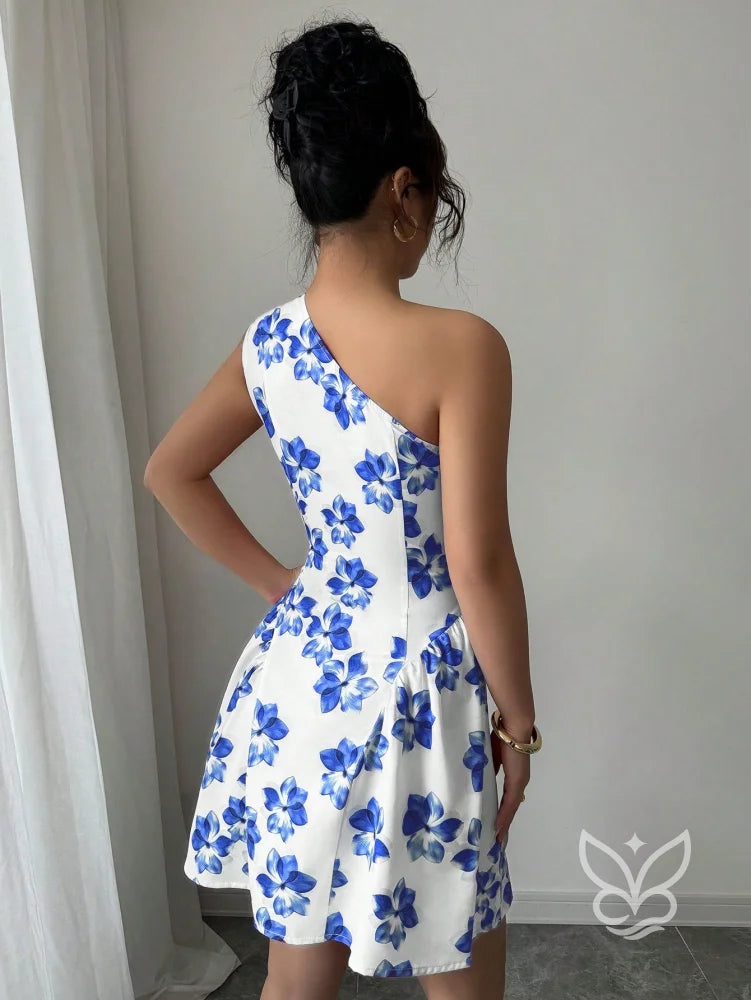 Vestido Curto Rodado De Um Ombro Só Com Estampa Floral Vestido Curto Rodado De Um Ombro Só Com Estampa Floral