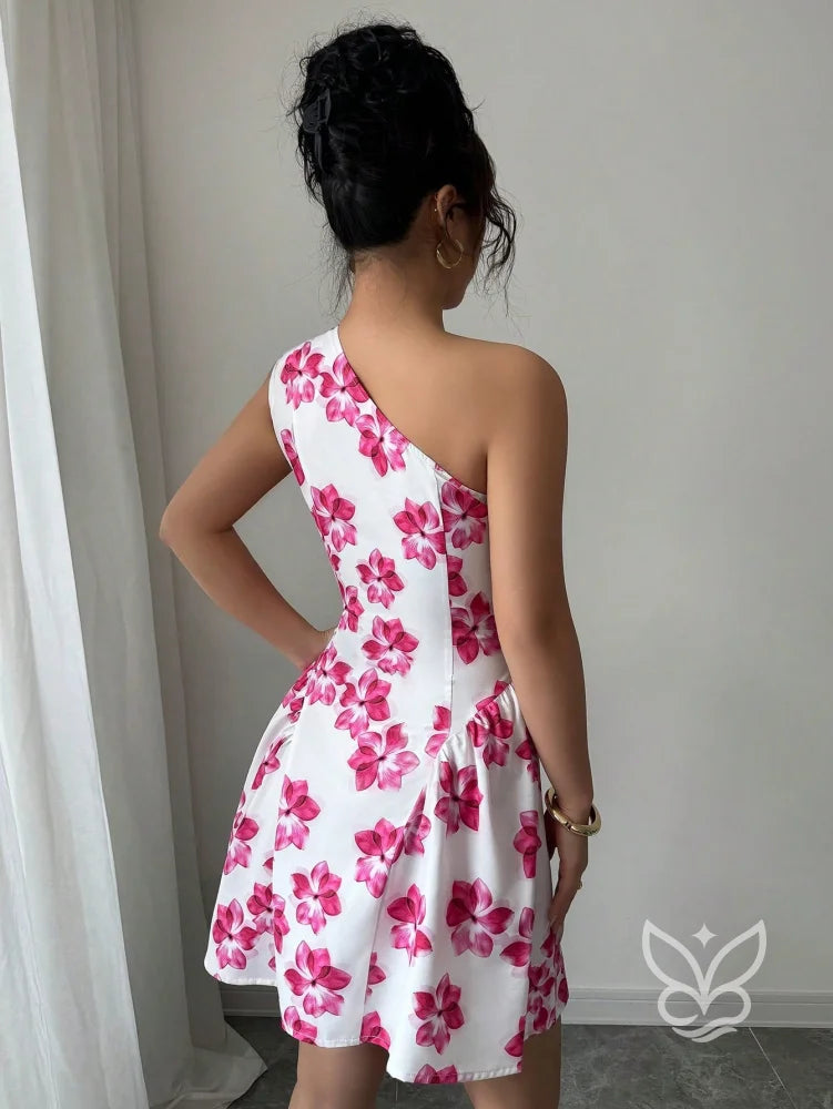 Vestido Curto Rodado De Um Ombro Só Com Estampa Floral Vestido Curto Rodado De Um Ombro Só Com Estampa Floral
