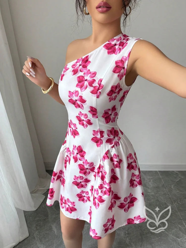 Vestido Curto Rodado De Um Ombro Só Com Estampa Floral Vestido Curto Rodado De Um Ombro Só Com Estampa Floral