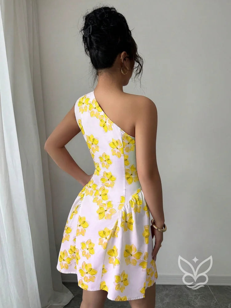 Vestido Curto Rodado De Um Ombro Só Com Estampa Floral Vestido Curto Rodado De Um Ombro Só Com Estampa Floral