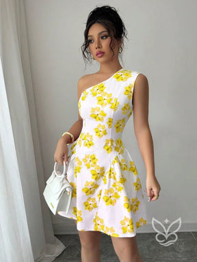 Vestido Curto Rodado De Um Ombro Só Com Estampa Floral Vestido Curto Rodado De Um Ombro Só Com Estampa Floral