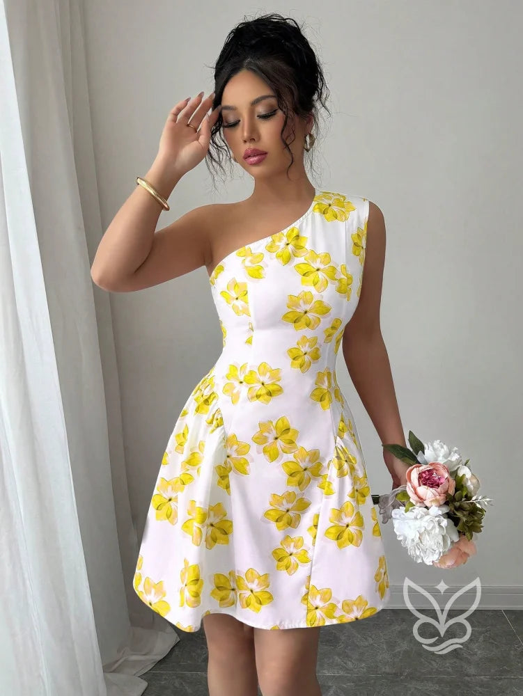 Vestido Curto Rodado De Um Ombro Só Com Estampa Floral Amarela / PP Vestido Curto Rodado De Um Ombro Só Com Estampa