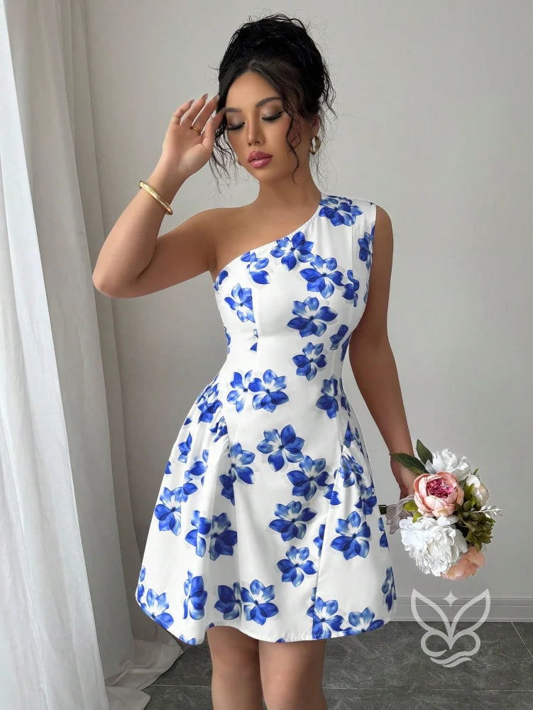 Vestido Curto Rodado De Um Ombro Só Com Estampa Floral Azul / PP Vestido Curto Rodado De Um Ombro Só Com Estampa Floral