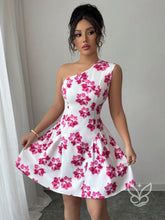 Vestido Curto Rodado De Um Ombro Só Com Estampa Floral Rosa Chiclete / PP Vestido Curto Rodado De Um Ombro Só Com
