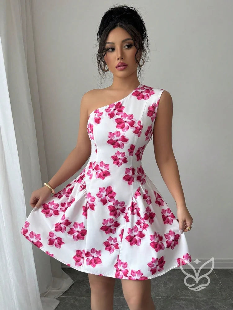 Vestido Curto Rodado De Um Ombro Só Com Estampa Floral Rosa Chiclete / PP Vestido Curto Rodado De Um Ombro Só Com