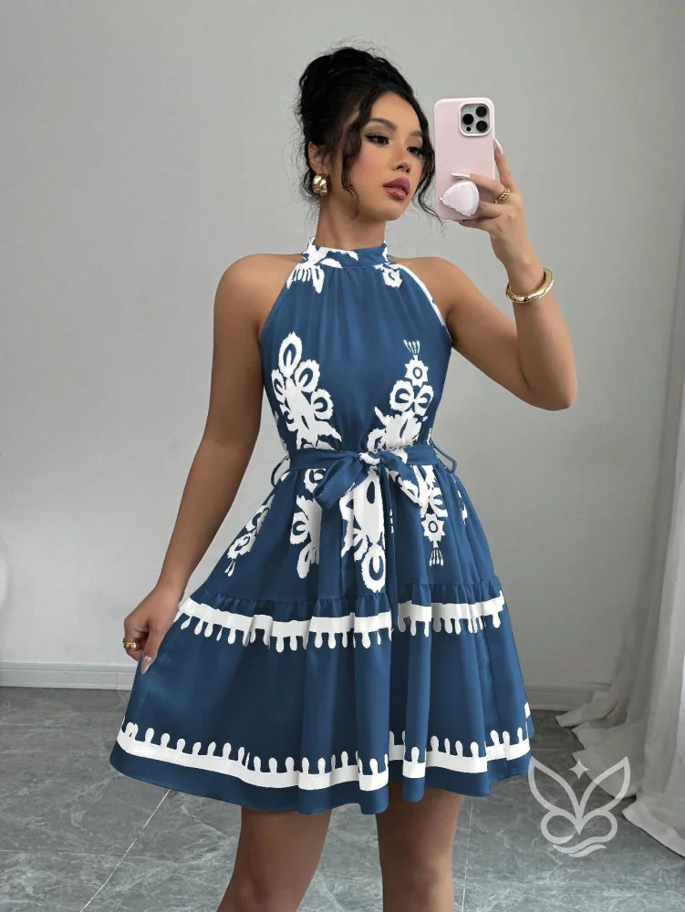Vestido Curto Sem Manga Com Caimento Solto E Estilo Casual Azul Empoeirado / PP Vestido Curto Sem Manga Com Caimento