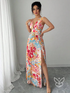 Vestido Curto Sem Manga Com Decote Profundo E Fenda Aberta Vestido Curto Sem Manga Com Decote Profundo E Fenda Aberta
