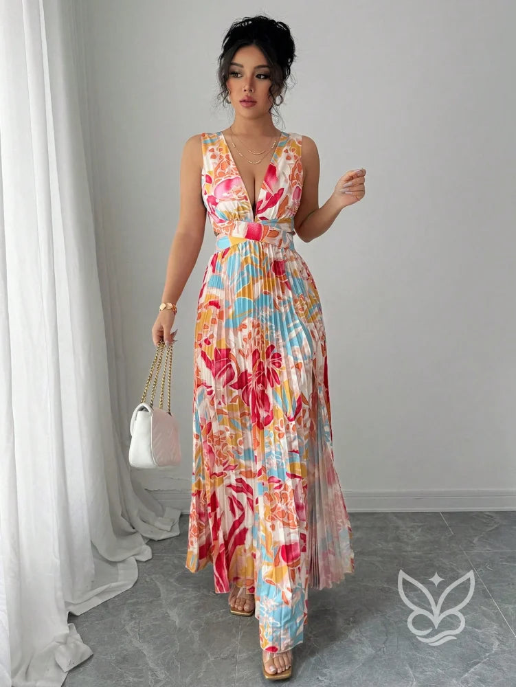 Vestido Curto Sem Manga Com Decote Profundo E Fenda Aberta Estampa 1 / PP Vestido Curto Sem Manga Com Decote Profundo E