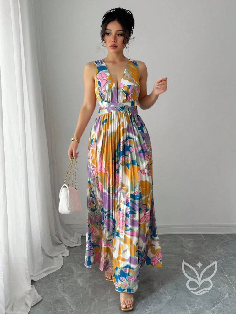 Vestido Curto Sem Manga Com Decote Profundo E Fenda Aberta Estampa 3 / PP Vestido Curto Sem Manga Com Decote Profundo E