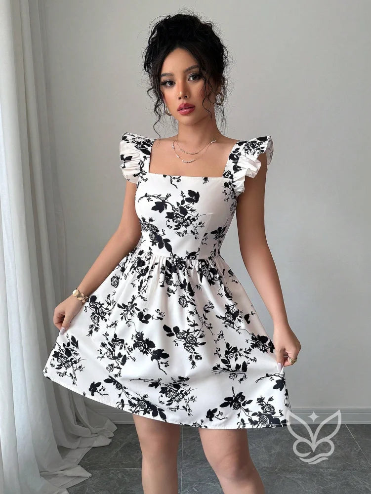 Vestido Estampado Animal Print Com Babado E Costas Abertas Branco / PP Vestido Rodado Com Estampa Floral E Manga Bufante