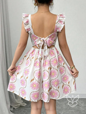 Vestido Estampado Animal Print Com Babado E Costas Abertas Vestido Rodado Com Estampa Floral E Manga Bufante