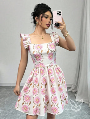 Vestido Estampado Animal Print Com Babado E Costas Abertas Rosa / PP Vestido Rodado Com Estampa Floral E Manga Bufante