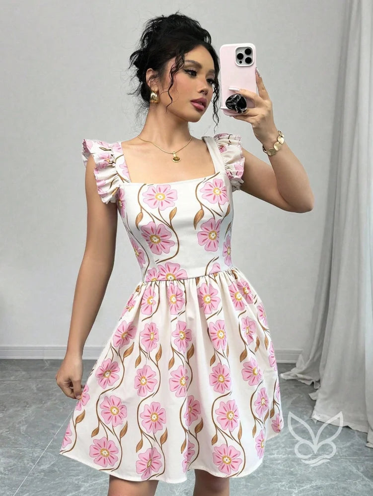 Vestido Estampado Animal Print Com Babado E Costas Abertas Rosa / PP Vestido Rodado Com Estampa Floral E Manga Bufante