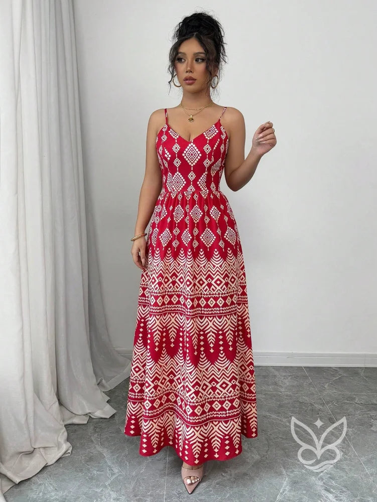 Vestido Estampado Geométrico Com Alça Laço E Costas Abertas Vestido Estampado Geométrico Com Alça Laço E Costas Abertas