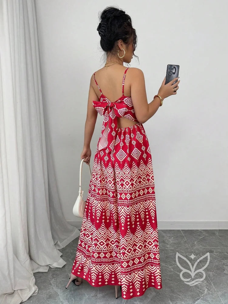 Vestido Estampado Geométrico Com Alça Laço E Costas Abertas Vestido Estampado Geométrico Com Alça Laço E Costas Abertas