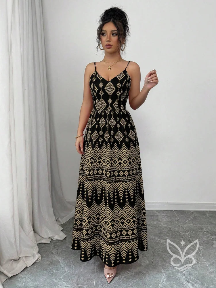 Vestido Estampado Geométrico Com Alça Laço E Costas Abertas Vestido Estampado Geométrico Com Alça Laço E Costas Abertas