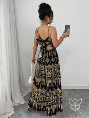 Vestido Estampado Geométrico Com Alça Laço E Costas Abertas Vestido Estampado Geométrico Com Alça Laço E Costas Abertas