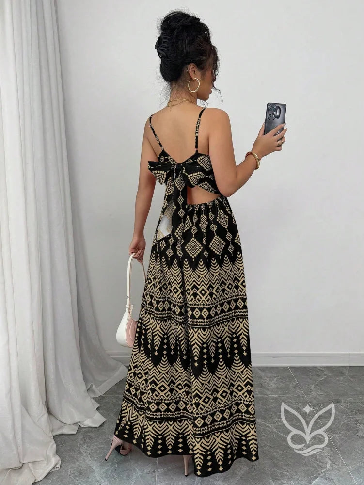 Vestido Estampado Geométrico Com Alça Laço E Costas Abertas Vestido Estampado Geométrico Com Alça Laço E Costas Abertas