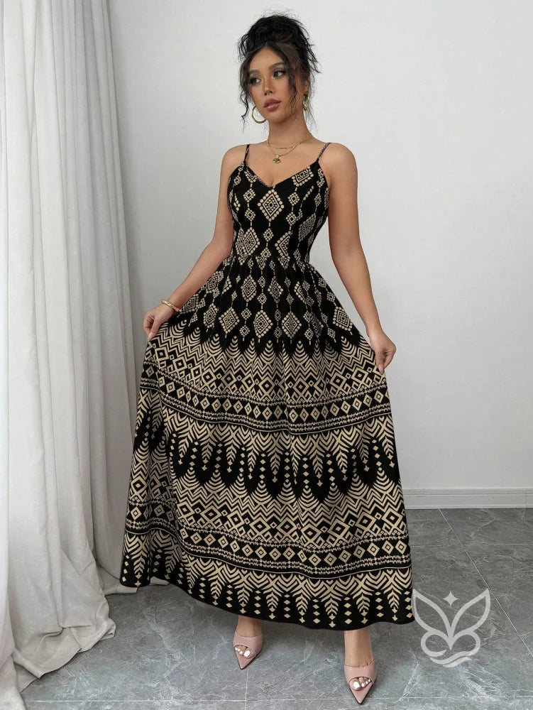 Vestido Estampado Geométrico Com Alça Laço E Costas Abertas Preto / PP Vestido Estampado Geométrico Com Alça Laço E