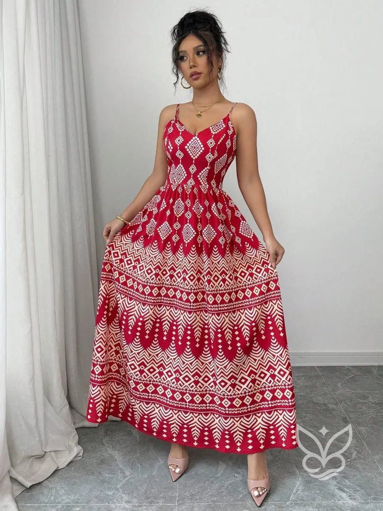 Vestido Estampado Geométrico Com Alça Laço E Costas Abertas Vermelho / PP Vestido Estampado Geométrico Com Alça Laço E