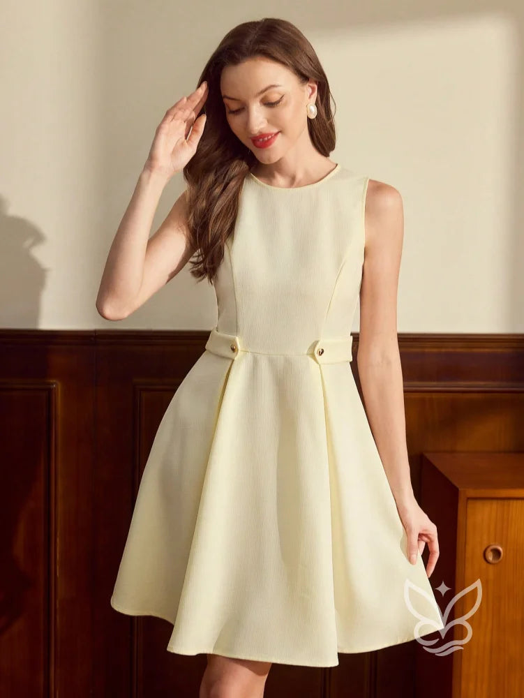 Vestido Fit And Flare Com Botões Na Cintura E Caimento Leve Bege / PP Vestido Fit And Flare Com Botões Na Cintura E