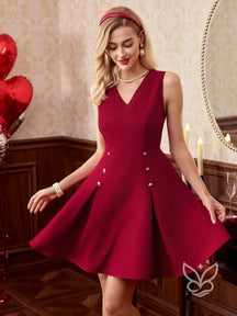 Vestido Fit And Flare Com Decote Em V E Botões Decorativos Vermelho / PP Vestido Fit And Flare Com Decote Em V E Botões
