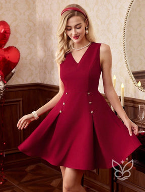 Vestido Fit And Flare Com Decote Em V E Botões Decorativos Vermelho / PP Vestido Fit And Flare Com Decote Em V E Botões