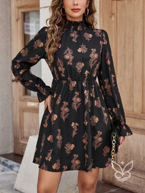 Vestido Floral Com Manga Longa E Cintura Marcada Sofisticada Vestido Floral Com Manga Longa E Cintura Marcada