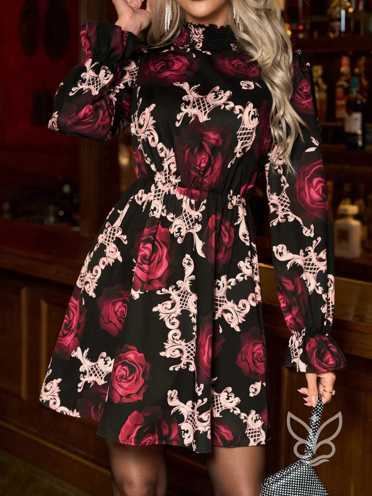 Vestido Floral Com Manga Longa E Cintura Marcada Sofisticada Estampa 3 / PP Vestido Floral Com Manga Longa E Cintura