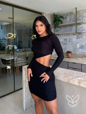 Vestido Justo com Manga Longa e Recorte na Cintura Preto / P Vestido Justo com Manga Longa e Recorte na Cintura