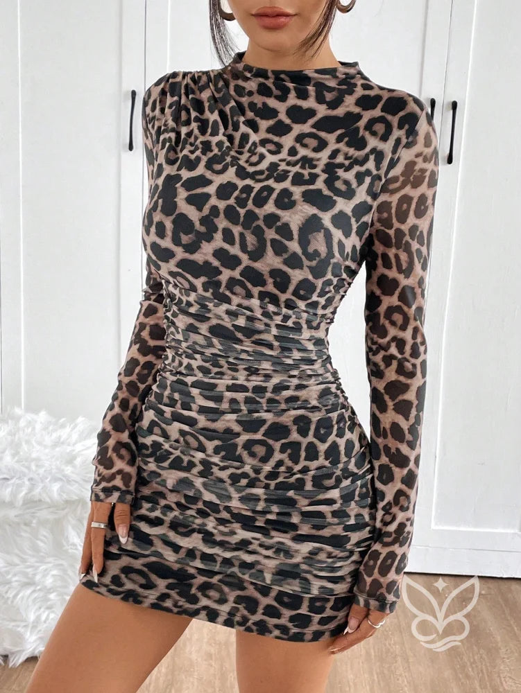 Vestido Justo De Manga Longa Com Estampa Animal Print Castanho / PP Vestido Justo De Manga Longa Com Estampa Animal