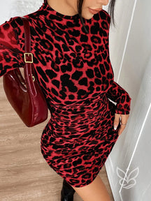Vestido Justo De Manga Longa Com Estampa Animal Print Vermelho / PP Vestido Justo De Manga Longa Com Estampa Animal