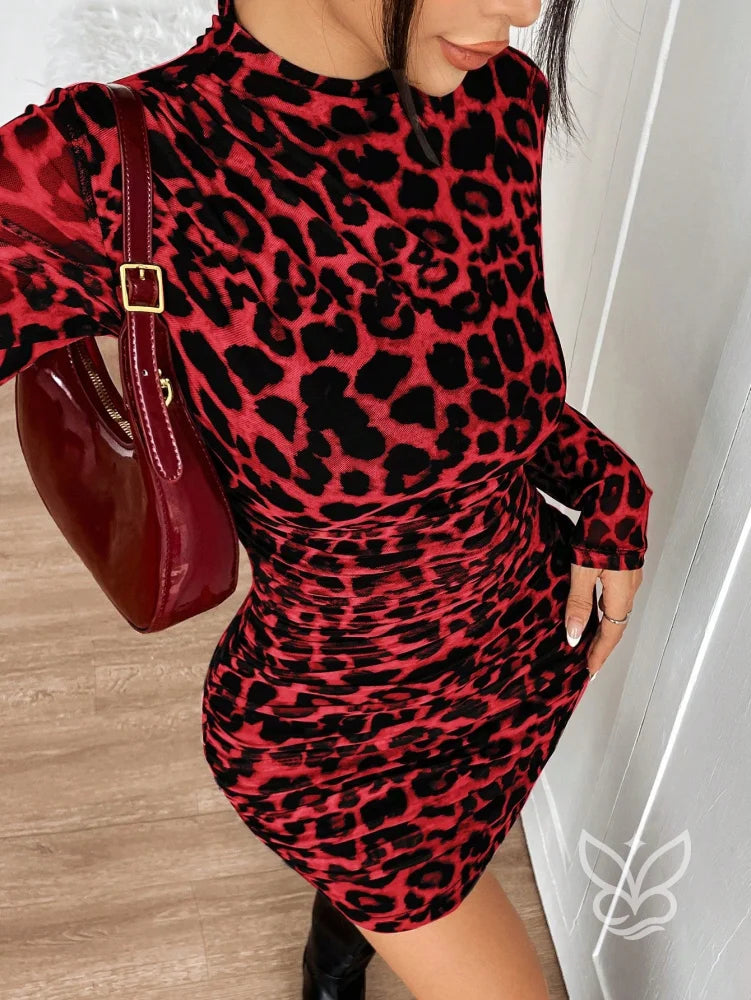 Vestido Justo De Manga Longa Com Estampa Animal Print Vermelho / PP Vestido Justo De Manga Longa Com Estampa Animal