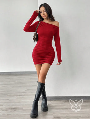 Vestido Justo De Um Ombro Só Com Manga Longa E Franzido Vestido Justo De Um Ombro Só Com Manga Longa E Franzido