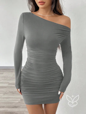 Vestido Justo De Um Ombro Só Com Manga Longa E Franzido Chumbo / PP Vestido Justo De Um Ombro Só Com Manga Longa E