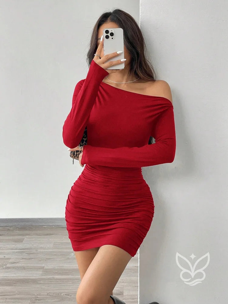 Vestido Justo De Um Ombro Só Com Manga Longa E Franzido Vermelho / PP Vestido Justo De Um Ombro Só Com Manga Longa E