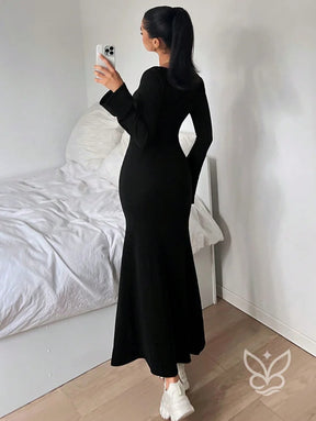 Vestido Longo Ajustado Com Manga Longa E Decote Quadrado Vestido Longo Ajustado Com Manga Longa E Decote Quadrado