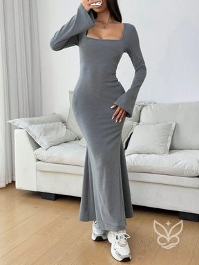 Vestido Longo Ajustado Com Manga Longa E Decote Quadrado Cinza / PP Vestido Longo Ajustado Com Manga Longa E Decote
