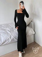 Vestido Longo Ajustado Com Manga Longa E Decote Quadrado Preto / PP Vestido Longo Ajustado Com Manga Longa E Decote