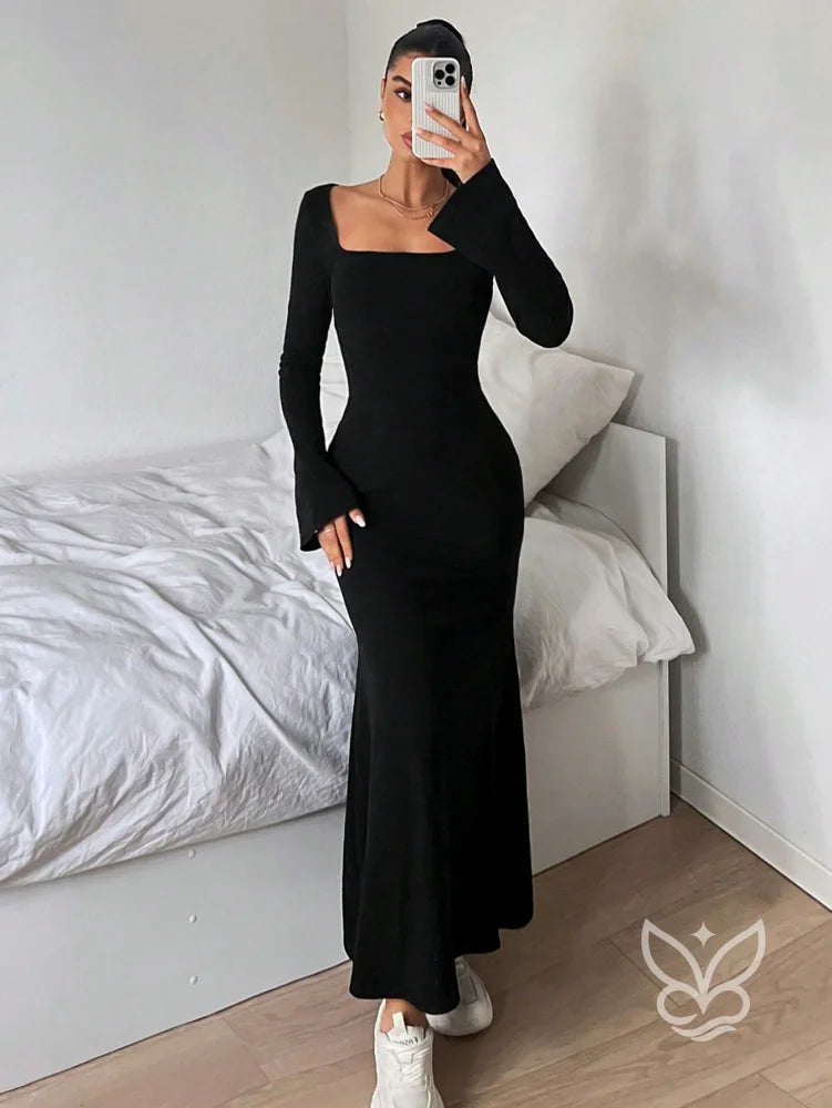 Vestido Longo Ajustado Com Manga Longa E Decote Quadrado Preto / PP Vestido Longo Ajustado Com Manga Longa E Decote